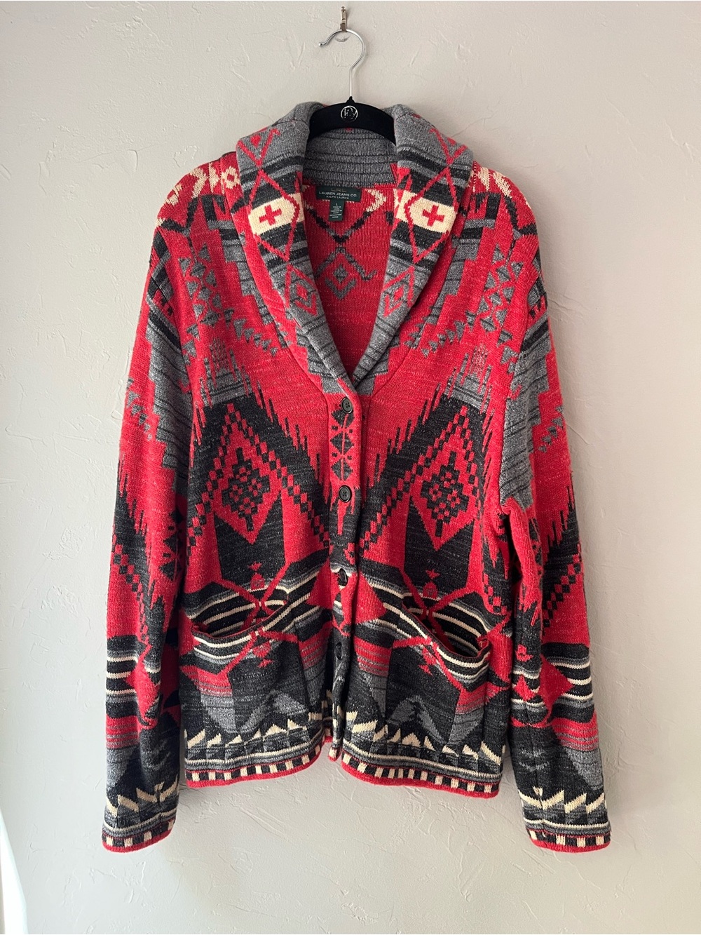 LAUREN RALPH LAUREN SOUTHWESTERN NAVAJO SHAWL COLLAR CARDIGAN SWEATER RED BLACK